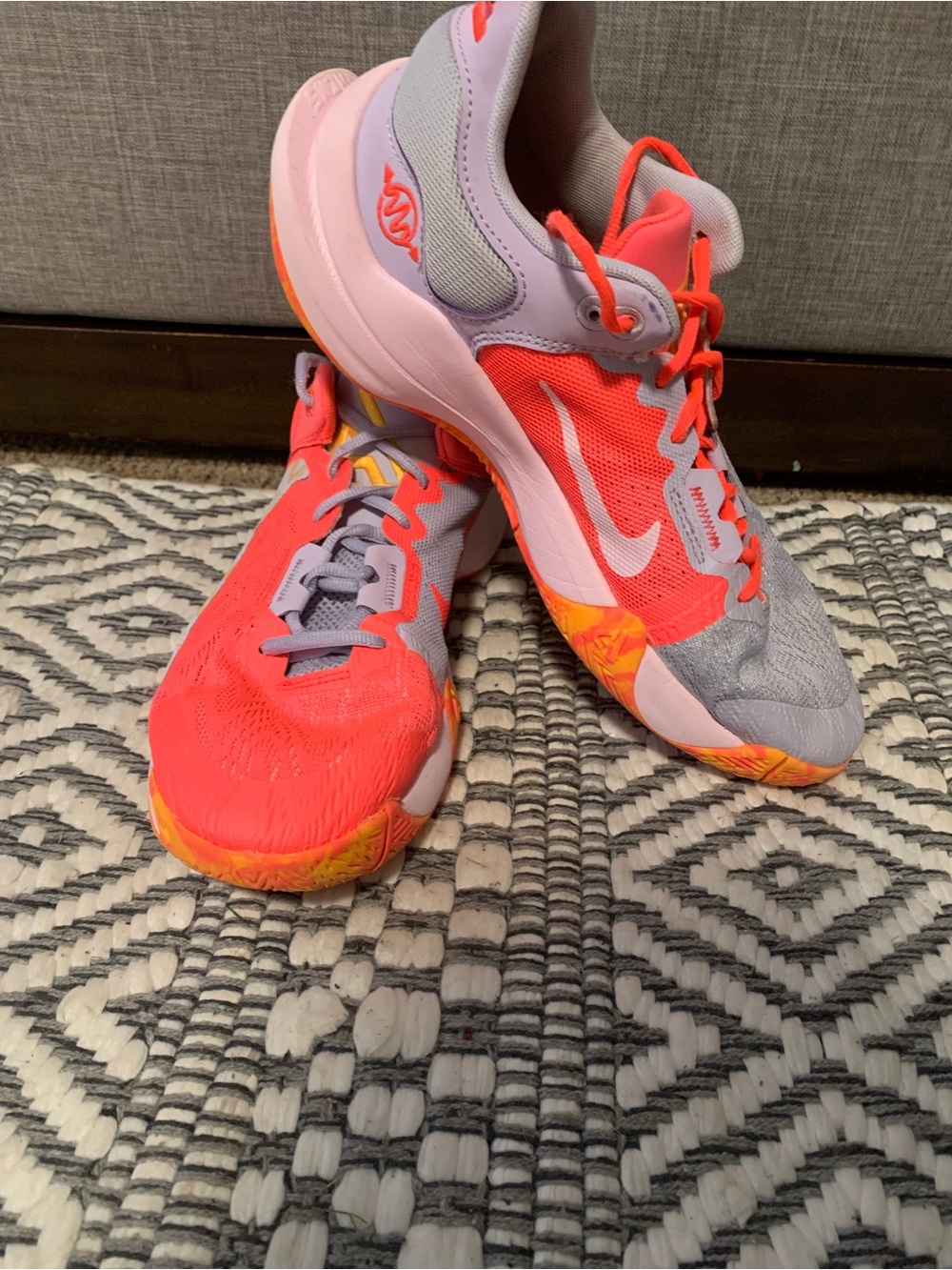 Nike Men Coral-Pink and Gray Athletic Sneakers with Yellow Accents